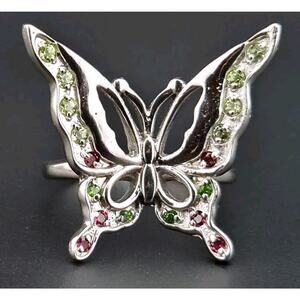 Vintage-Style Sterling Silver Butterfly Ring | Peridot & Garnet Accent Size 8